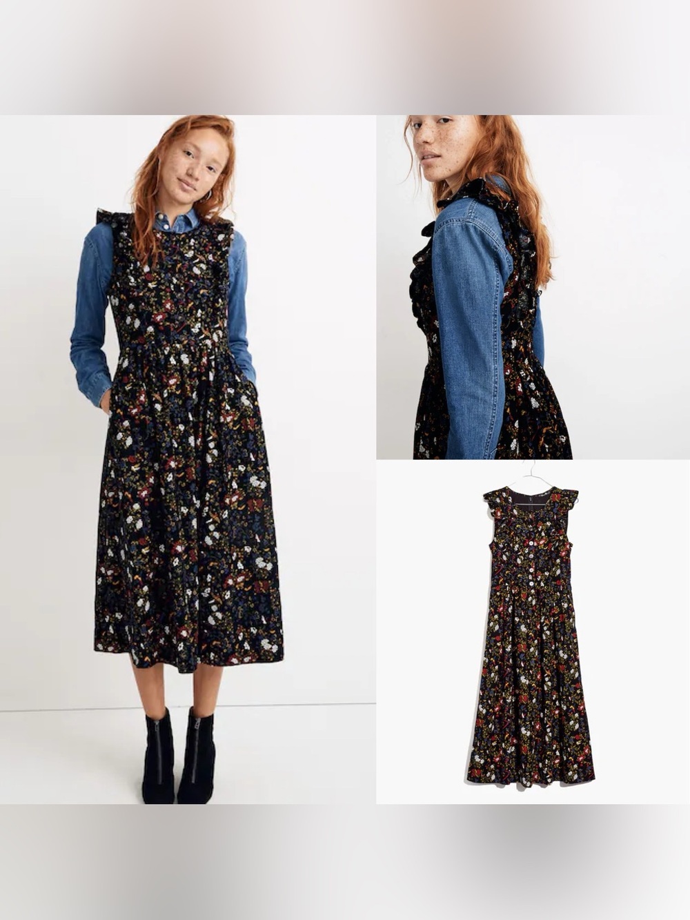 Madewell Corduroy Ruffle-Front Dress in Finch Bird Floral, sz 6